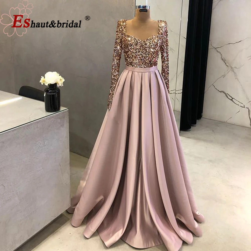 Elegant Arabic Muslim Sequin Evening Dresses for Women 2024 Long Sleeves Aline Satin Wedding Prom Formal Party Gown Customized