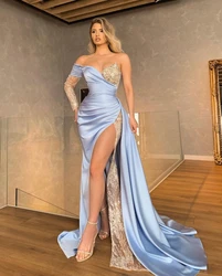 Classic Sky Blue Prom Dresses One Shoulder Sequins Evening Dress Custom Made Side Split Floor Length  Party Gown