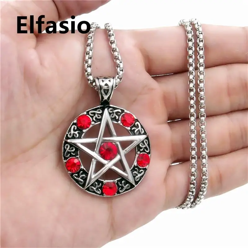 Elfasio Celtic Wicca Pentagram Star Men Women Stainless Steel Necklace Blue/Red/Black/White/Purple Amulet Pendant Chain