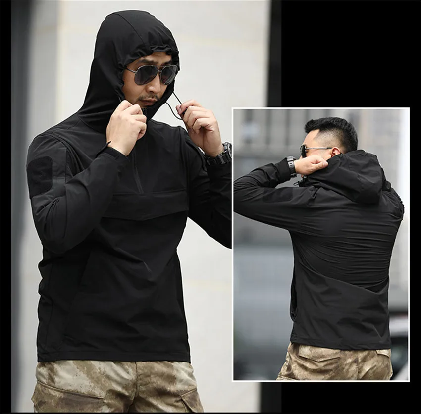 Tactical Sweater Jacket Waterproof And Wear-resistant Hooded Mountaineering Suit Black Casual Tactical Top Coat Autumn Winter