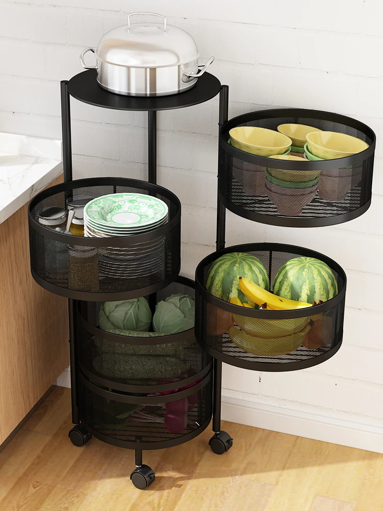 Kitchen Vegetable Rack Floor Rotary Cylindrical Storage Rack for Vegetable Basket Household Multifunctional Storage Rack