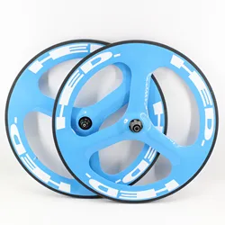Newest blue color 700C 3 spokes clincher rims Road Track Fixed Gear bicycle aero full carbon fibre bike wheelset