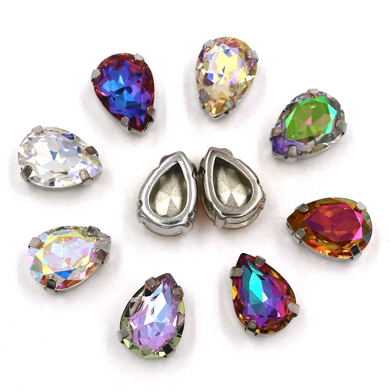 7x10mm 10x14mm 13x18mm 18x25mm 20x30m forma a goccia pietre di cristallo di vetro di alta qualità per cucire strass con artiglio d\'argento