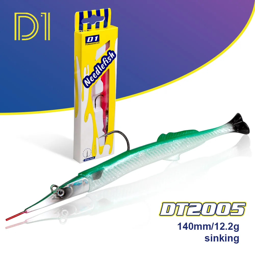 

D1 140mm 12.2g Sinking Fishing Lures Long-mouthed Needlefish Jig Head Soft Lure T-Tail Good Swimbait For Bass Tuna DT2005