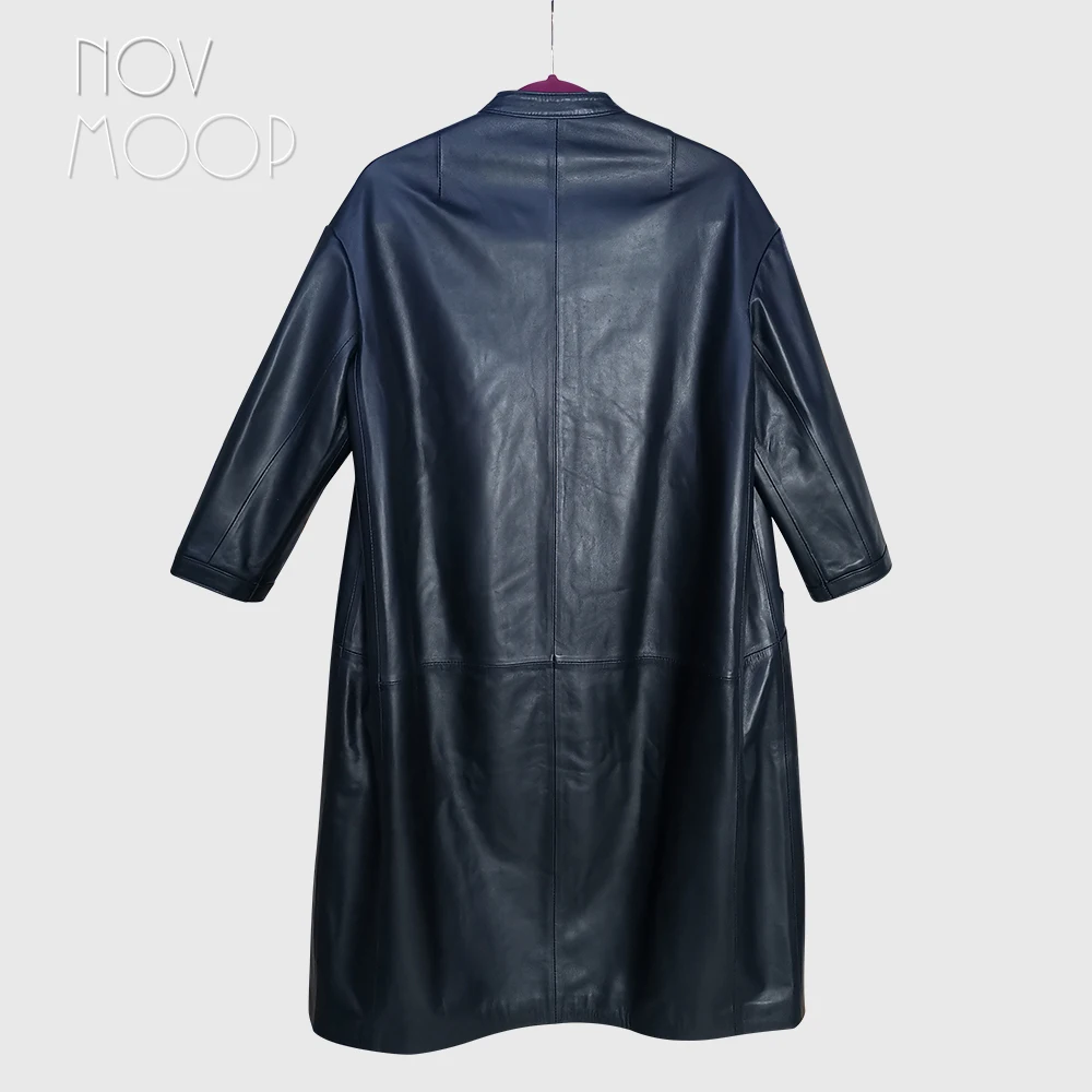 Novmoop 2020สไตล์ฝรั่งเศสOne Pieceของแท้หนังSheepskinยืดCoat Trench Coat En Cuir Pour Femme LT3264