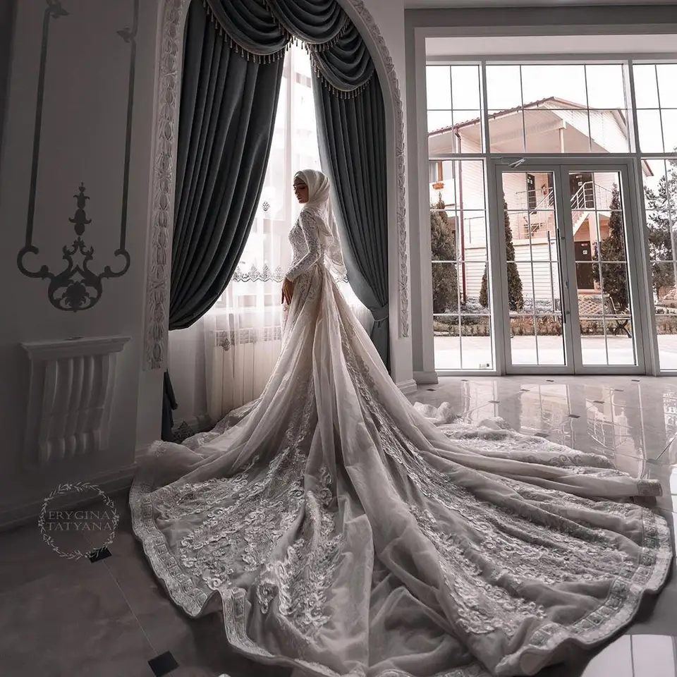 muslim mermaid wedding dress Modest Muslim Mermaid Wedding Dresses - Lace Appliques Bridal Gowns with Detachable Overskirt and Court Train