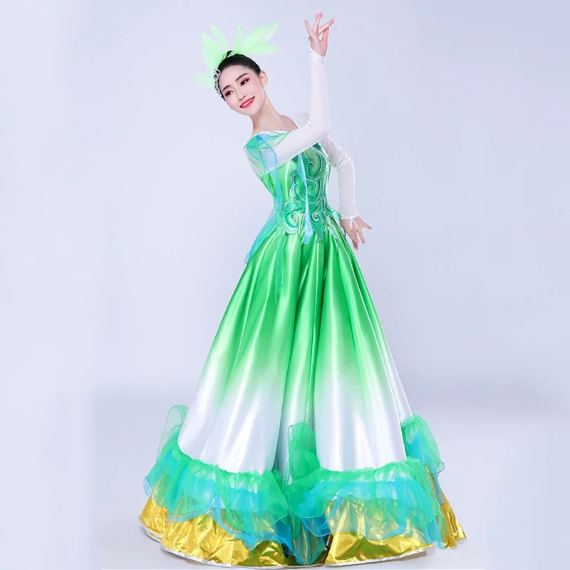 Spanish Bullfight Dance Dress For Women Stage Costume Gypsy Dress Emerald Green Dancing Long Skirt Flamenco Dance Dress DL7180