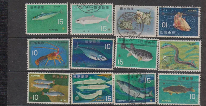 12Pcs/Set 1966 Japan Post Stamps Fishes Sea Animals  Marked Postage Stamps for Collecting C441-452
