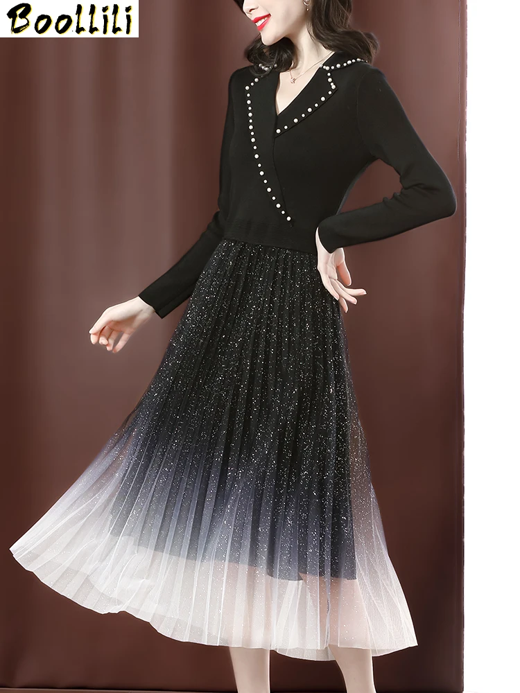 

Elegant Boollili Vintage Maxi Dress Women Spring Long Sleeve Office Dress 2023 Ladies Dresses Black Pleated Dress Vestidos