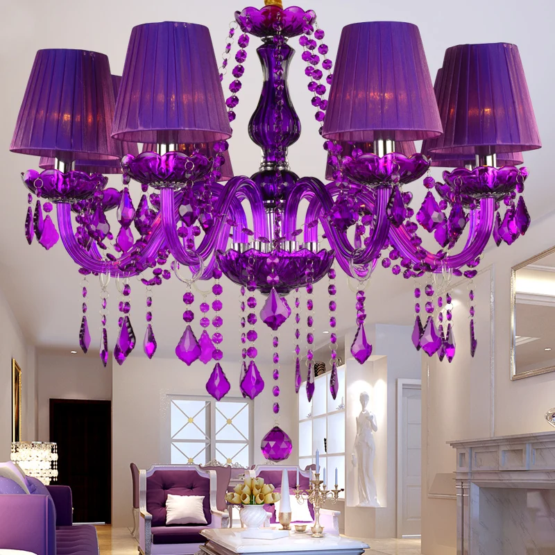 Purple Luxury Crystal Chandelier for Living Room Decor Villa Bedroom Wedding Pendant Light Hotel Restaurant Bar Hanging Lamps