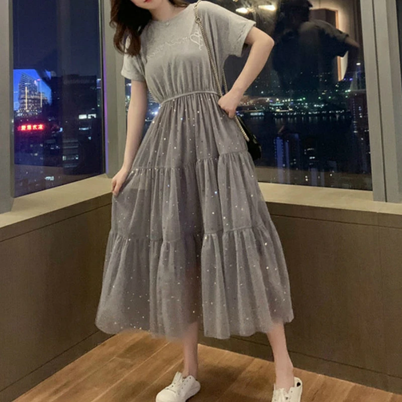 Short Sleeve Party Dress Women O-neck Mesh Fake Two Piece Chic Sweet Elegant Womens Korean Style Printed Stylish Vestidos Trendy