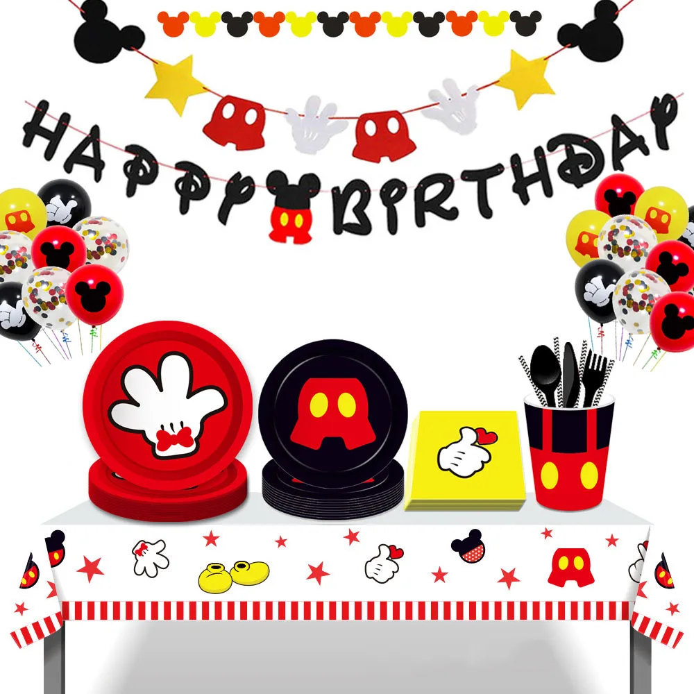 Mickey Mouse Birthday Party Decorations 8 People Disposable Plate Napkin Cup Tablecloth Party Supplies Tableware Kid Dinner Sets