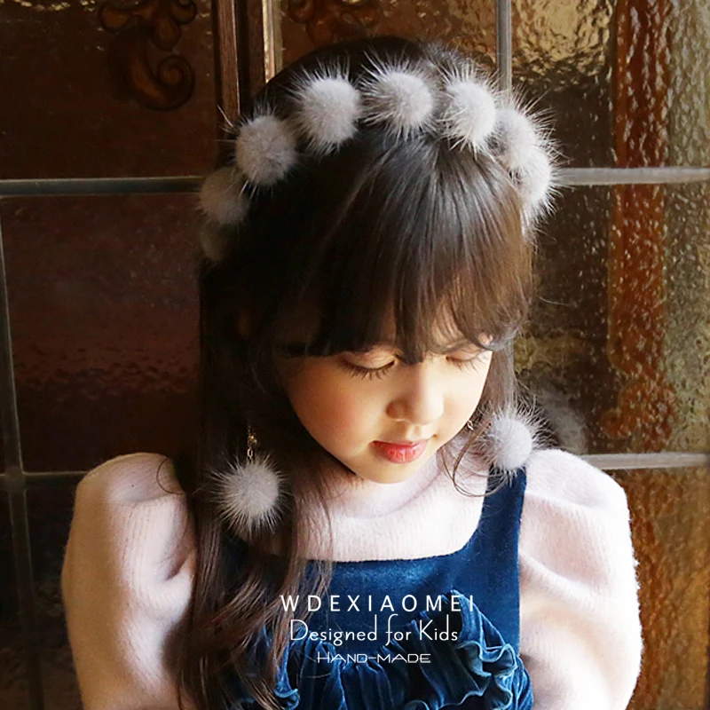 

100% Real Mink Fur 11balls Headband Hair Band Girls Women Sweet Headwear Fake Eardrop HairBands Hair Hoop Kids Hair Accessories
