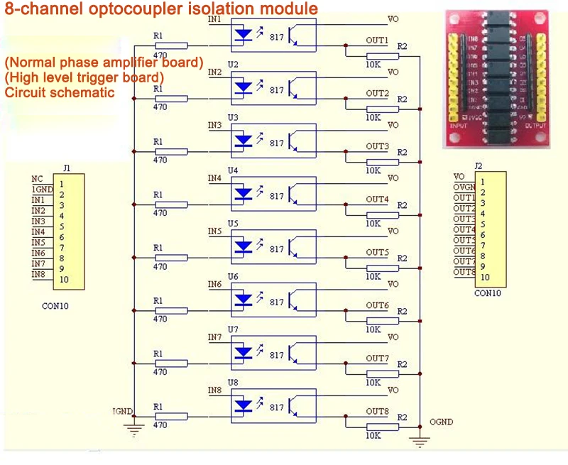 8-Channel Optocoupler Isolation Module/ 3/5/12/24V Positive Phase Amplification