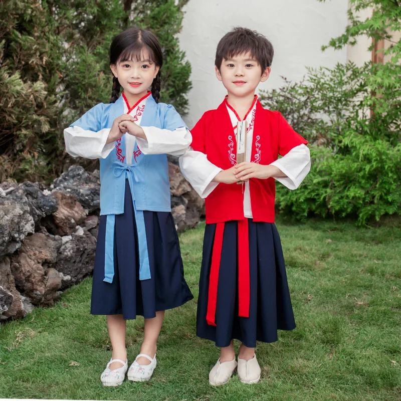 Autunm novo algodão chinês lovelygirls bordado hanfu antigo crianças meninos tradicional tang terno realizar trajes