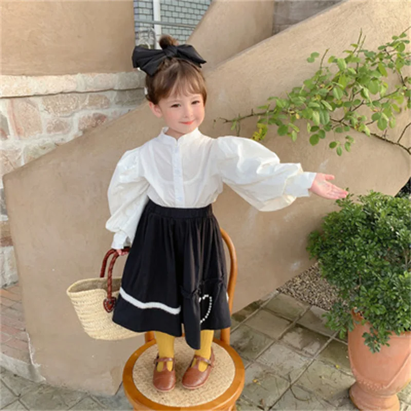 Baby Girl Puff Sleeve Blouse Cotton Infant Toddler Princess Shirt Autumn Spring Top White Blouse French Style Baby Clothes 1-7Y