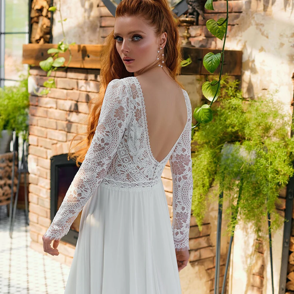 Robe de mariée à manches longues style Boho, tenue d'extérieur, col en V, traîne à balayage, sur mesure, en mousseline de soie et dentelle, dos nu