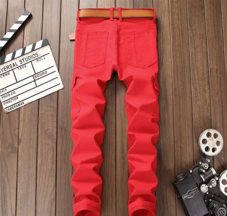 Biker Jeans Red Men's Casual Multi Zipper Pockets Slim Stretch Denim Pants High Quality