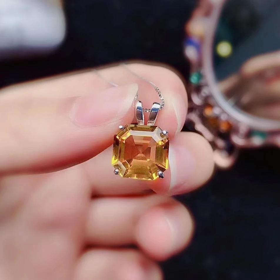 

Fashion Yellow Crystal Ring Pendant for Party 9mm Natural Citrine Jewelry Set Solid 925 Silver Citrine Pendant Citrine Ring