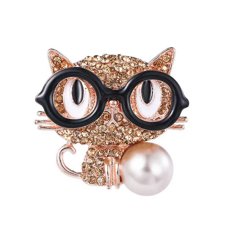 New Rhinestone Glasses Cat Brooches for Women Suit Pearl Jewelry Cute Cartoon Crystal Animal Pins Girls Bag Clothes Accessories