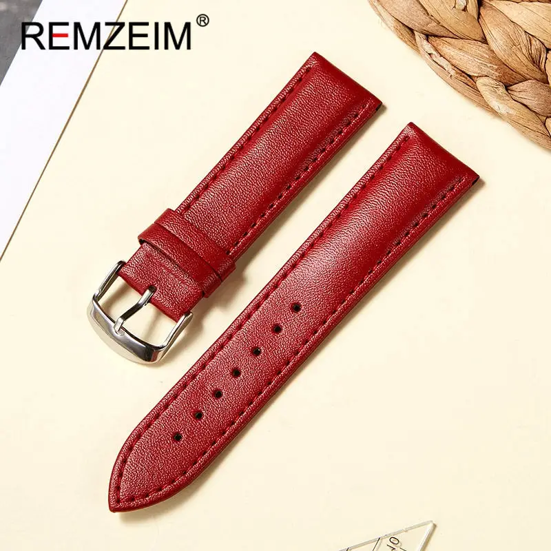 Universal Smooth Genuine Leather Watchband 14mm-22mm Pink/Blue/Brown/Purple/Black/White Breathable Calfskin Strap Quartz Watch