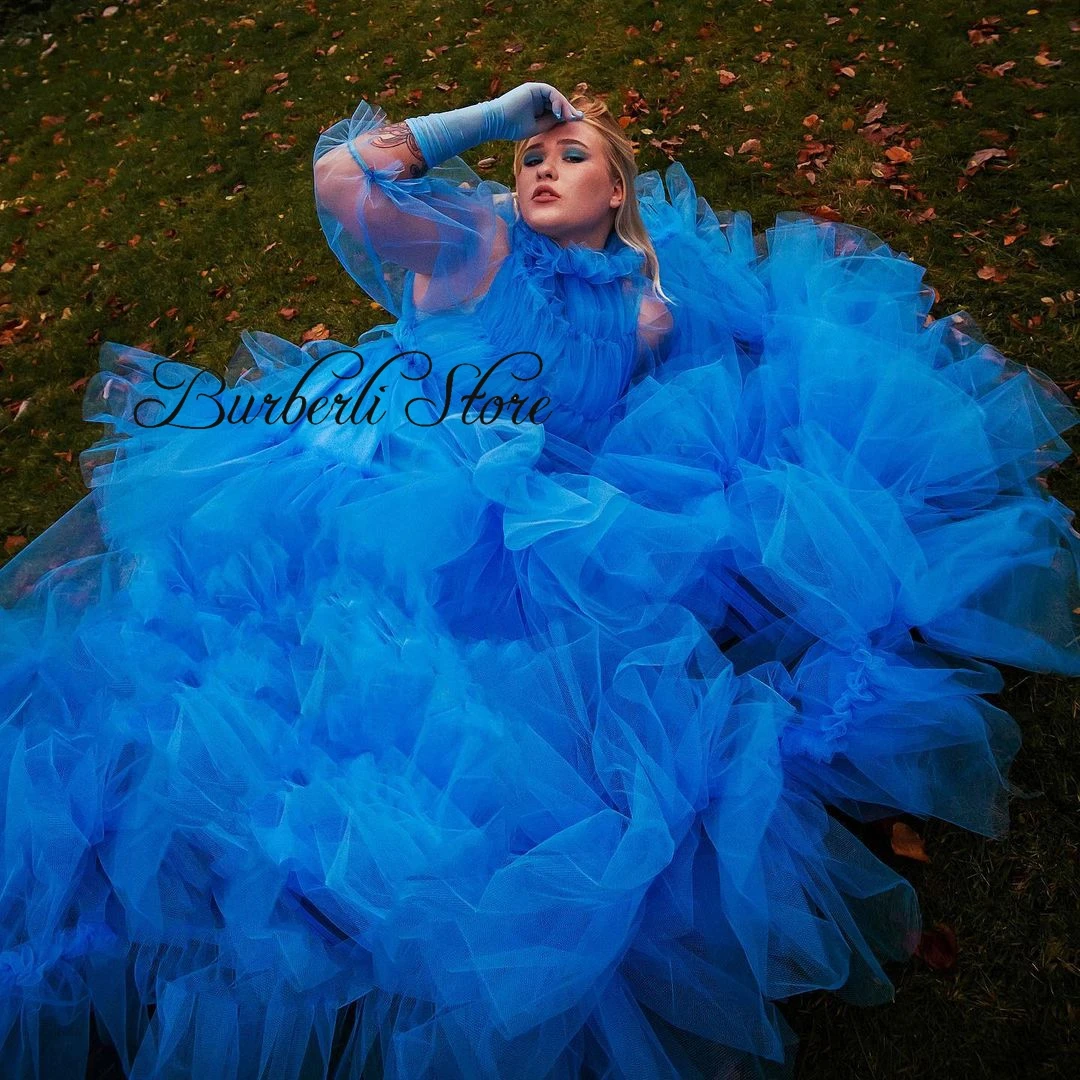 

Blue Tulle Long Women Dresses Fashion Summer Women Dress Ruffles Tiered Tulle Dress To Party Robe Vestidos