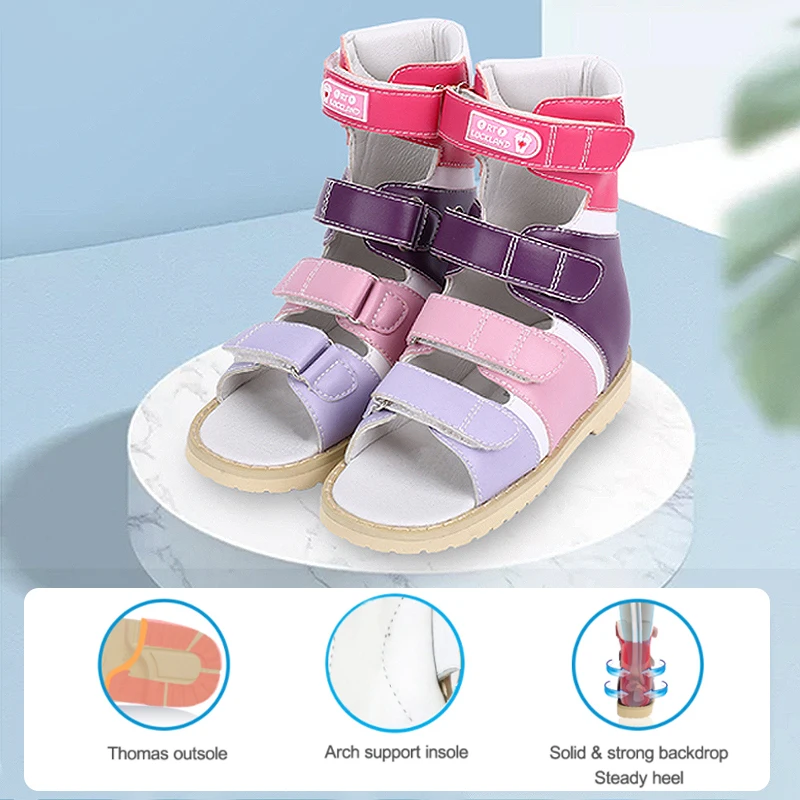 Ortoluckland Girls Sandas Children Orthopedic Leather Footwear Kids High Top Platform Flatfeet Shoes With Rigid Backdrop