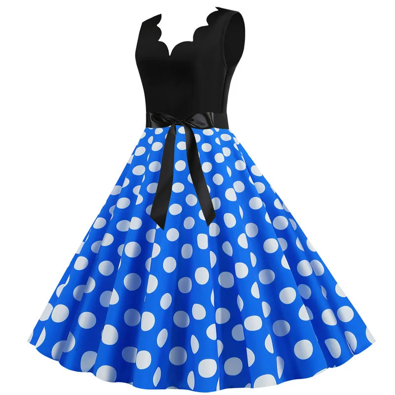 Polka Dot Print Women Summer Dress Black Patchwork Sleeveless V Neck Elegant Vintage Party Casual Midi Dress