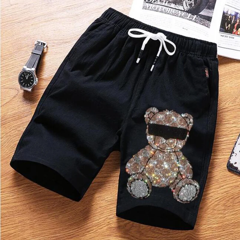 New Summer Men's Casual Hot Diamond Shorts Comfortable Pure Cotton Plus Size High Quality Rhinestone Male Fashion Top Shorts