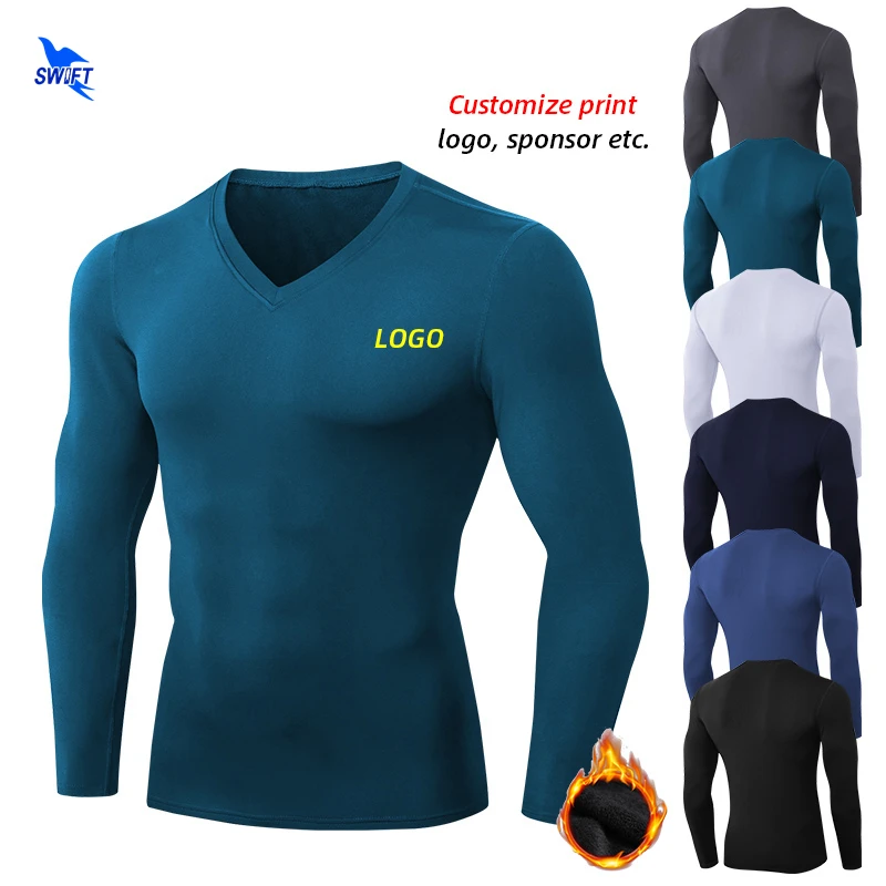 Custom LOGO Thermal Fleece Long Sleeve Running Shirts Men V Neck Gym Fitness Sportswear T-Shirt Quick Dry Stretch Top Tees