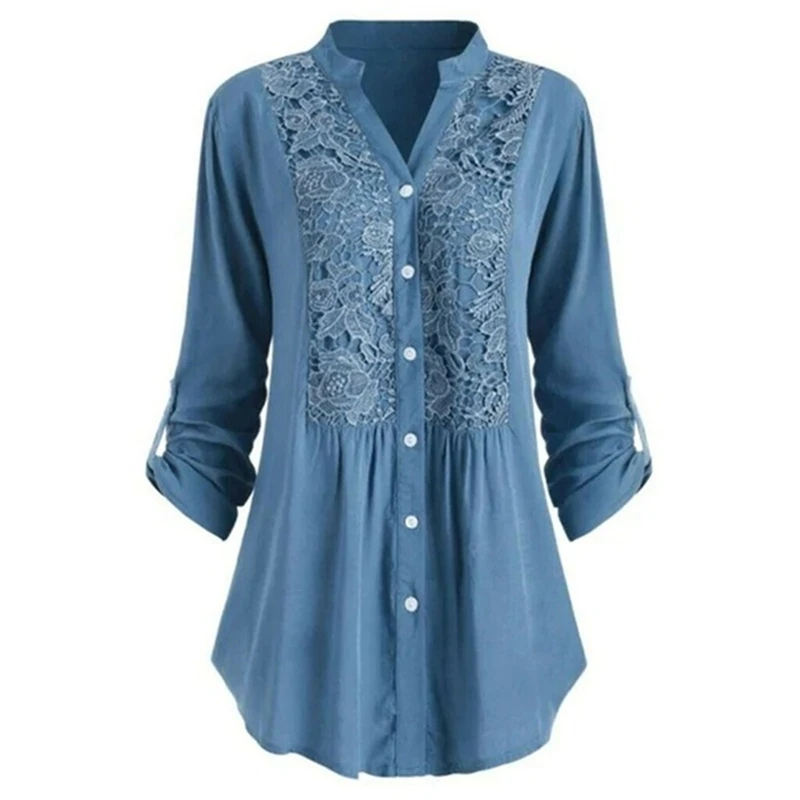 Women Solid Color Lace Splicing Single Breasted Casual Shirts Stand Collar Button Long Sleeves Loose Cotton Clothing