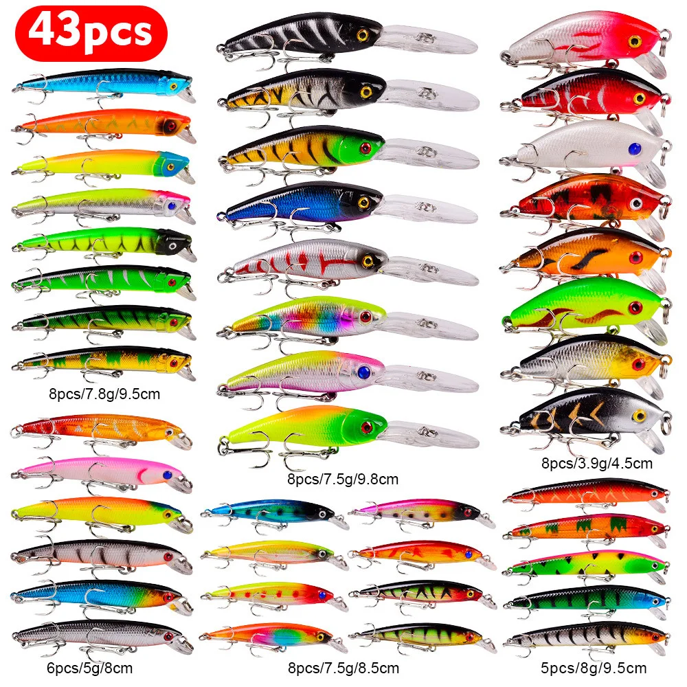 43Pcs/Set Mixed Fishing Lure Kits Crankbait Minnow Popper VIB Soft Lure Bass Baits wobbler Set Lifelike Fake Fishing bait Tackle