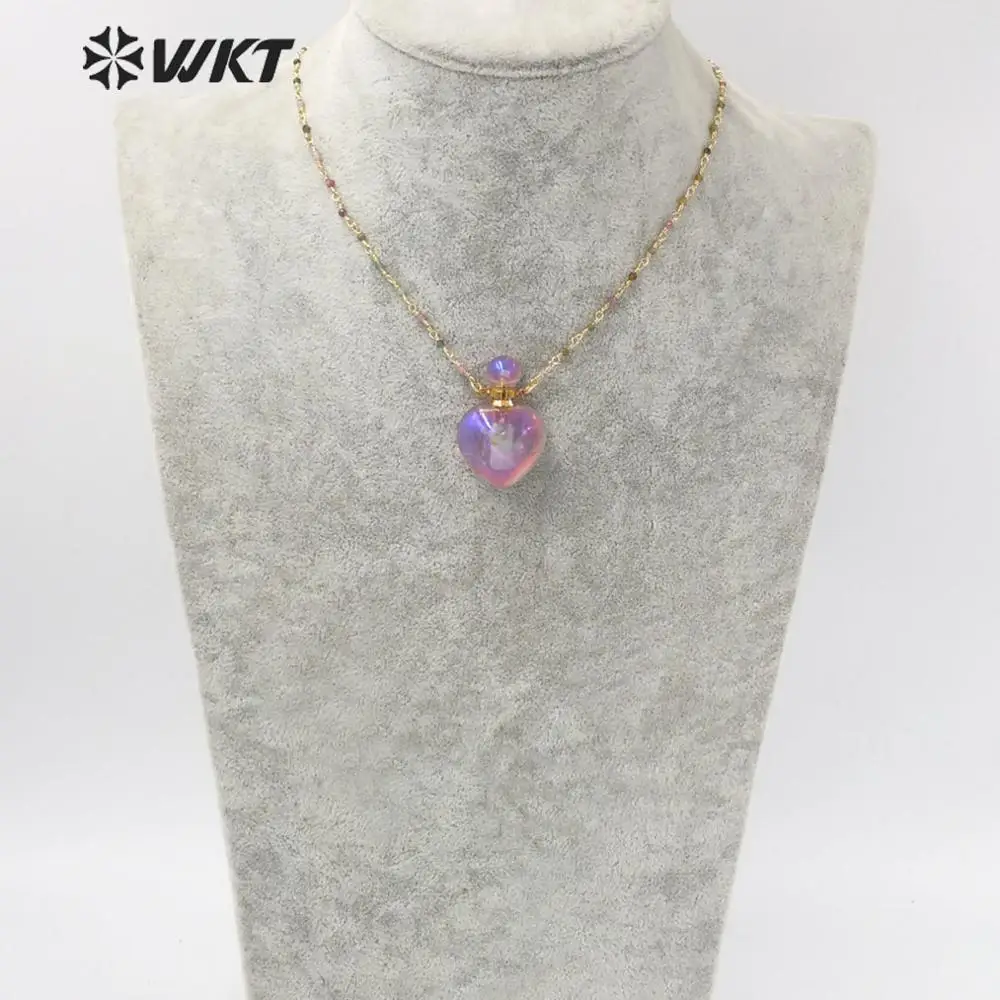 WT-N1238 Amazing elegant stone necklace in 18 inch heart shape aura purple stone perfume bottle necklace with rosary chain