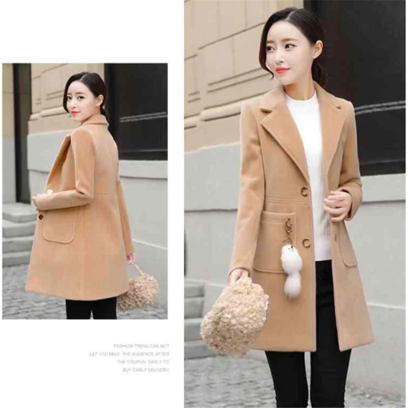 2024 Autumn Winter Ladies New Version Of The V-neck Solid Color Woolen Coat Women\'s Mid-Length Slim Thin Woolen Coat