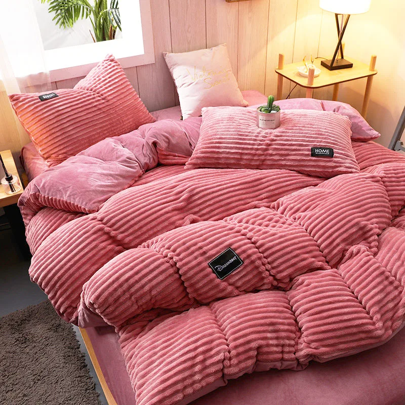 Magic Fleece Duvet Cover Winter Warm Quilt Cover Flannel Bedspread Bedding Stripe Coral Fleece Twin Queen King Duvet Cover Set