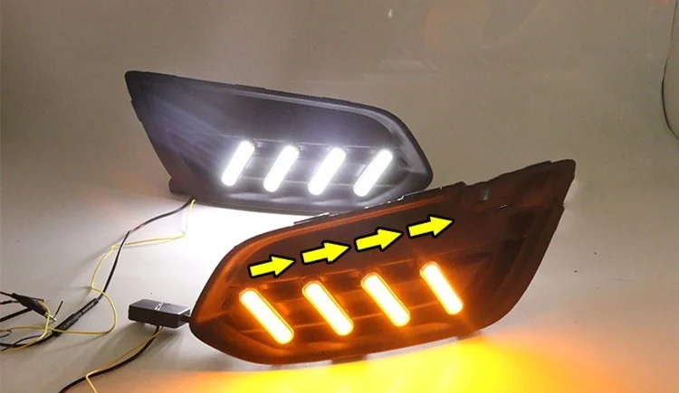 eOsuns led drl daytime running light for Ford Escort 2017 with moving yellow turn signals and blue night running light