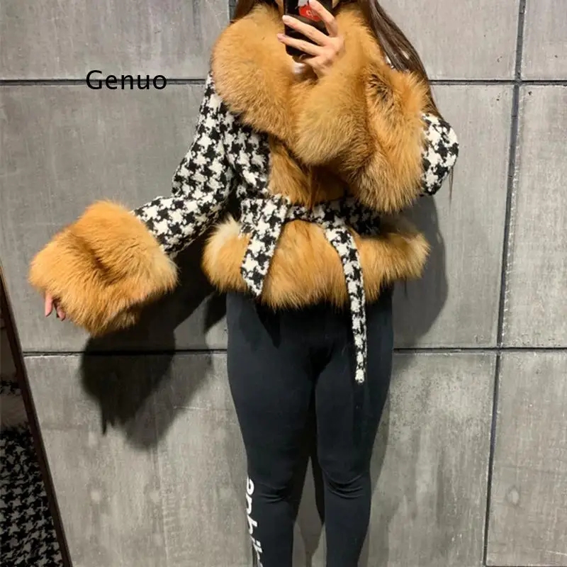 Faux Fur Collar Jackets Women Fashion Tie Belt Waist Coats Women Elegant Slim Houndstooth Short Jackets Female Ladies Abrigo