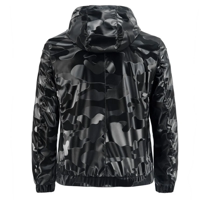 New Men's Leather Jacket Hooded PU Leather Jacket Male Camouflage Thin Coat Spring Casual Sportswear Jacket