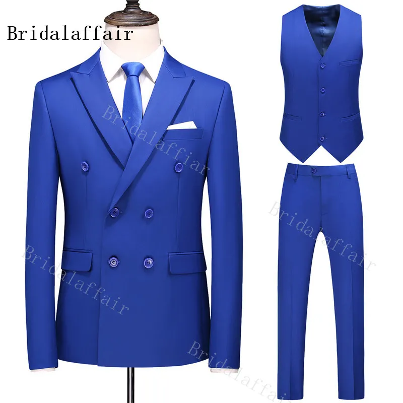 

Bridalaffair Mens Blue suits Double breasted Prom Wedding Tuxedos Suit for Men 3pcs Blazer Coat Vest Pants Set Costume Homme