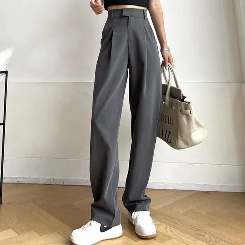 Women\'s Suit Pants Draping Spring Autumn High Waist Casual Business Dress Pants Loose Straight Mopping Pants Wide Leg Pants Grey