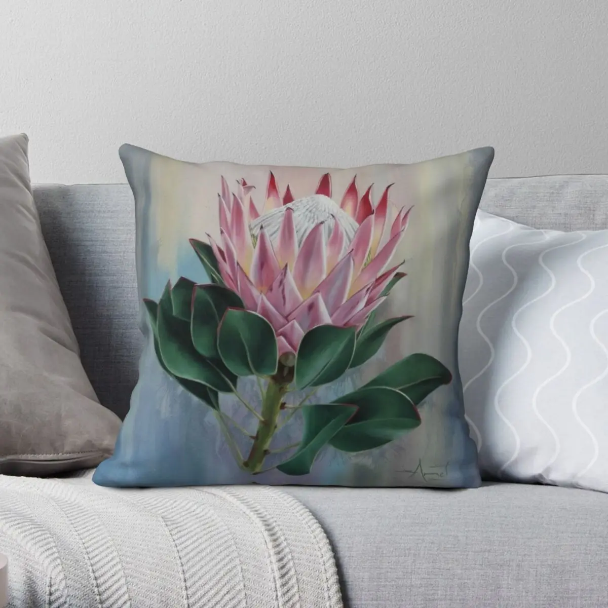 The King Protea Square Pillowcase Polyester Linen Velvet Printed Zip Decor Throw Pillow Case Sofa Seater Cushion Cover Wholesale