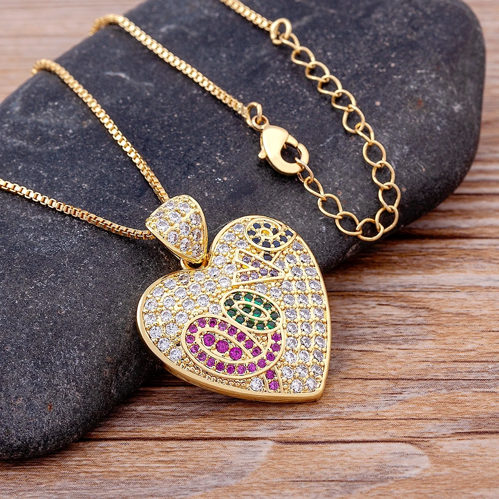 Luxury Heart Pendant Love Necklace Gold Color chain Colorful Zircon Choker For Female Bohemian Fashion Party Wedding Jewelry