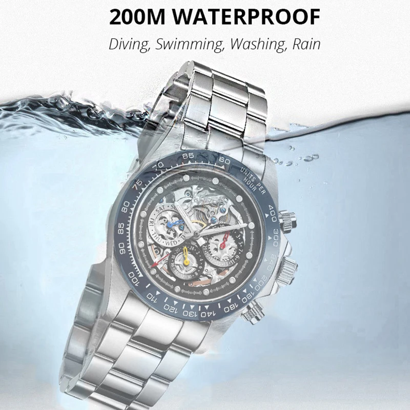 LOREO New 200m Waterproof Diver Watch Sport Skeleton Watch Automatic Watches Mens 2020 Sapphire Calendar Full Steel Men\'s Clock