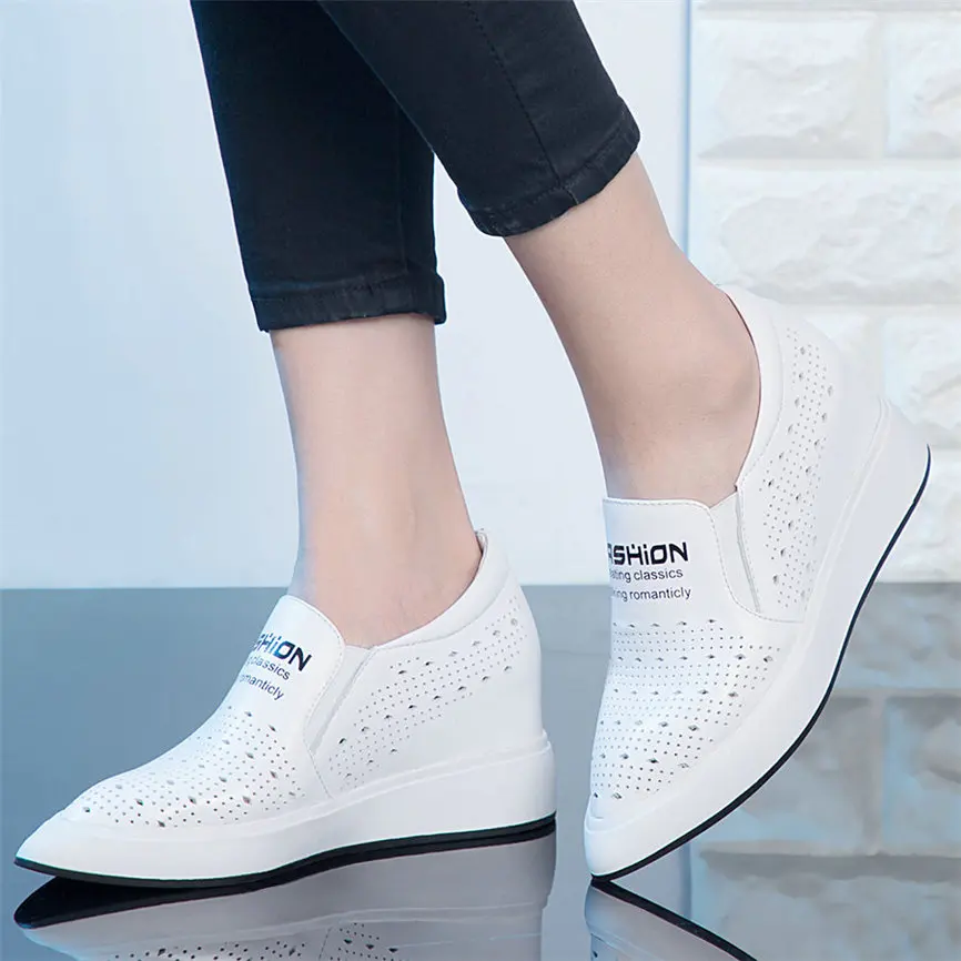 

Fashion Sneakers Women Genuine Leather Wedges High Heel Vulcanized Shoes Female Breathable Pointed Toe Pumps Low Top Loafers New