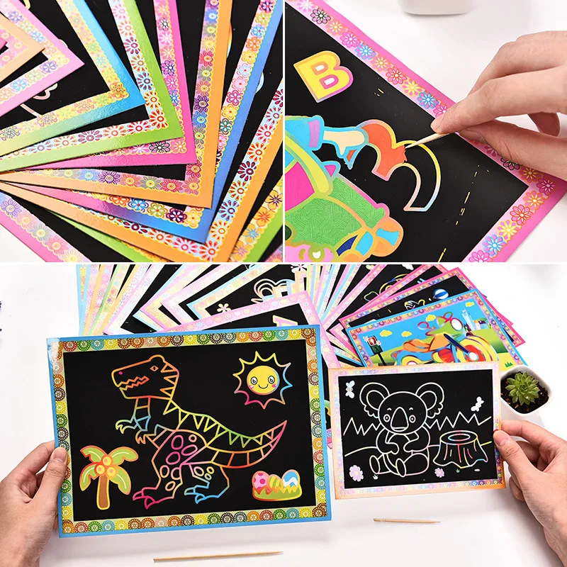 5 Pcs/set Cartoon Color Scratch Book for Children Creative DIY Magic Rainbow Scraping Paper Graffiti Painting Card with Stick