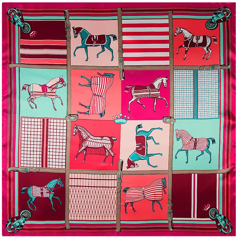 Bufanda con estampado de caballo para mujer, pañuelo de lujo, a la moda, cuadrado, a cuadros, 90CM