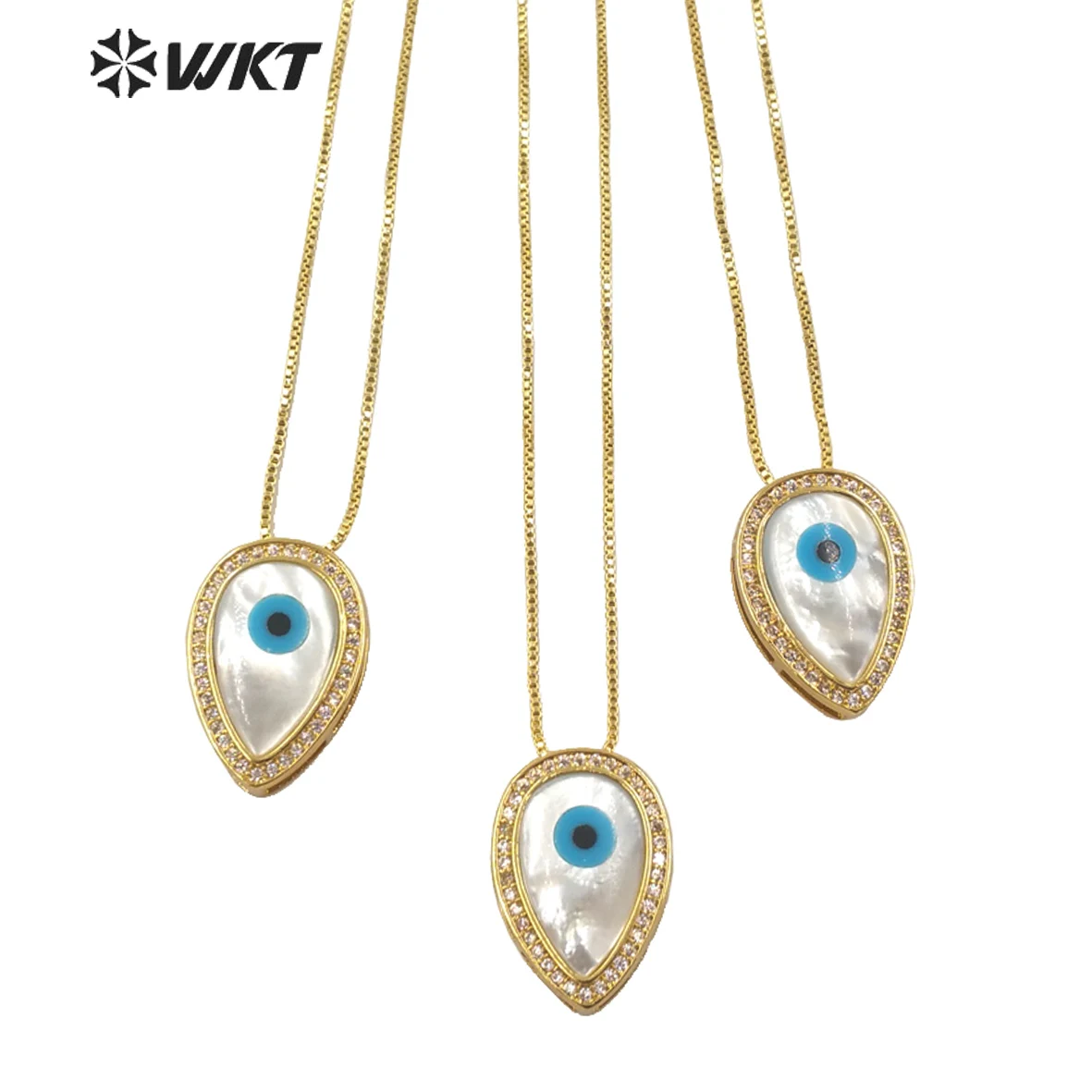 

WT-MN972 Fashion gold electroplated cubic zircon trim natural shell teardrop eye necklace in adjustable women turkey necklace