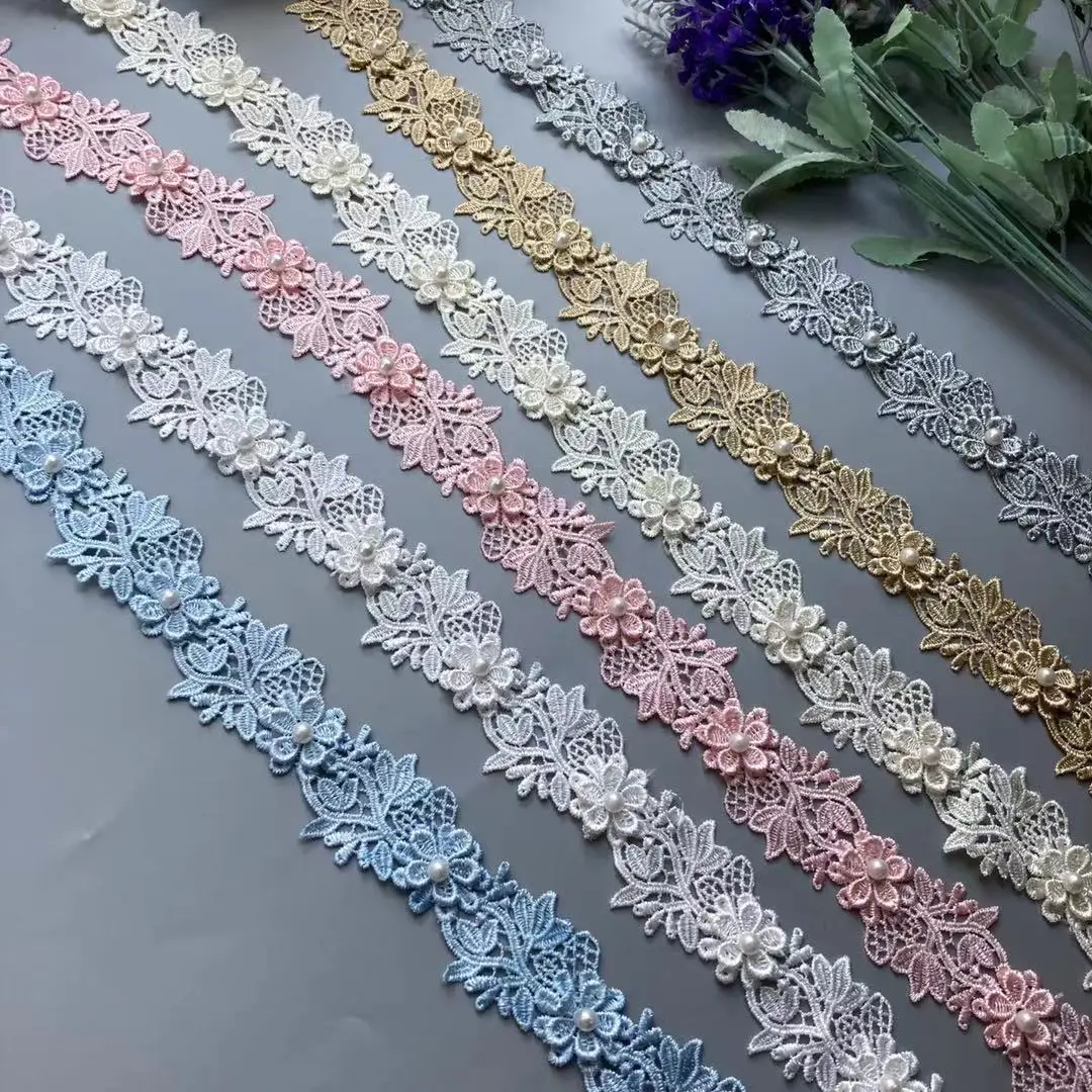 2 Yard Pearl Flower Embroidered Soluble Polyester Fabric Lace Trim Ribbon Handmade DIY Sewing Craft For Costume Hat Decoration