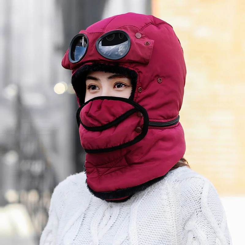 2023 Winter Bomber Hat with Glasses Masks Windproof Hood Pilot Russian Hats Warm Earflap Trapper Cap Adult Balaclava Ski Caps