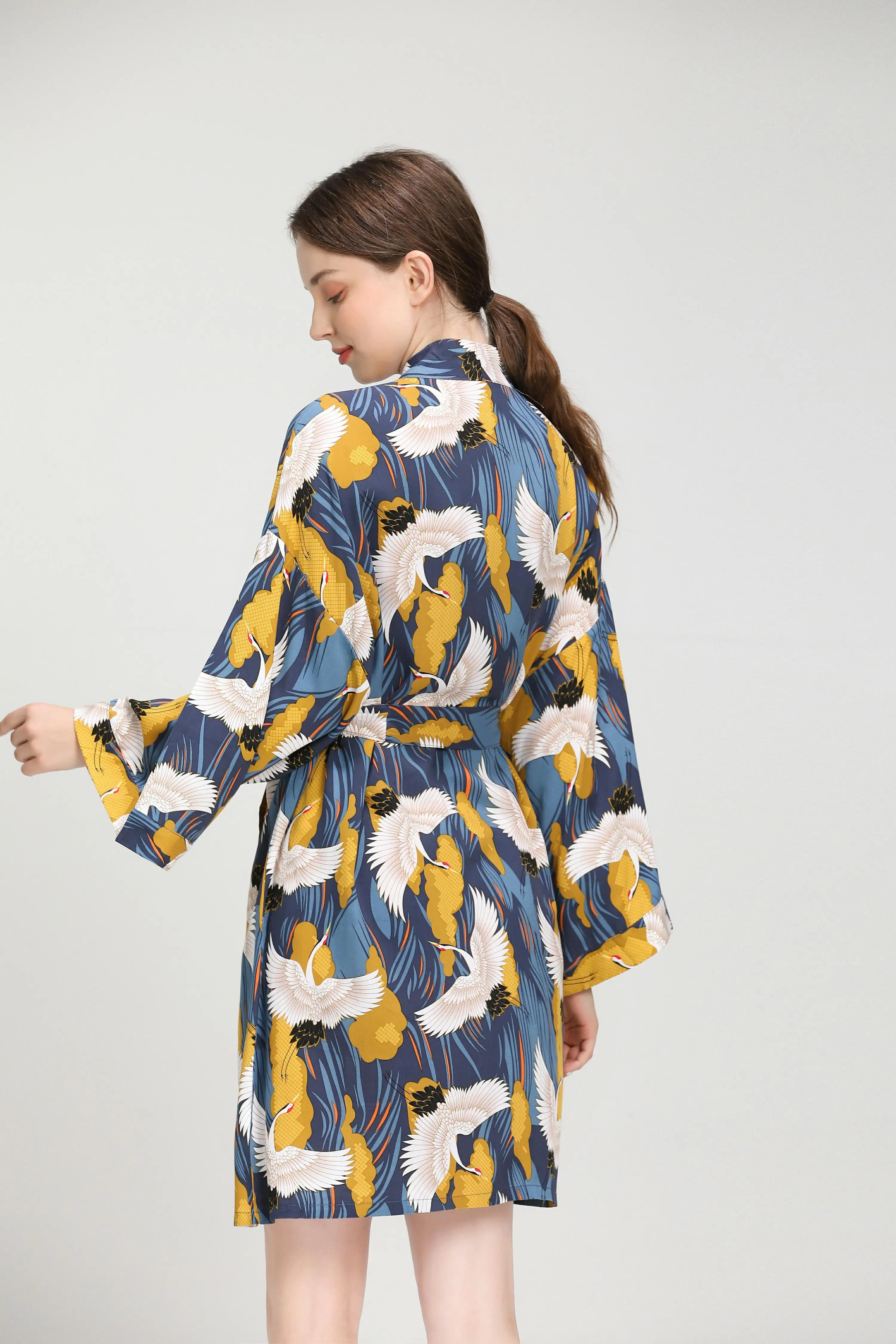 Yellow Crane New Sleepwear Robe Spring Viscose Women Nightgown Flower Printed Long-Sleeve Pajamas Bathrobe for Female